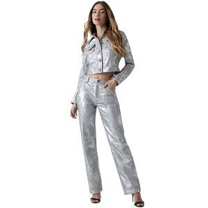 GUESS CLELIA Embroidered faux-leather SILVER pants Small